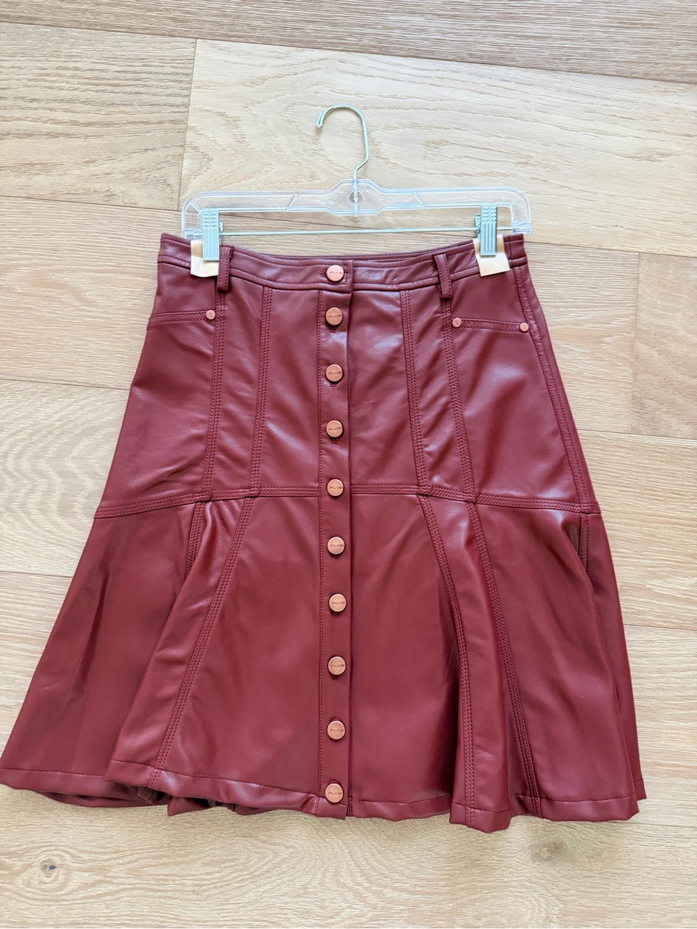 Women's Button-Front Faux Leather Skirt in Deep Burgundy